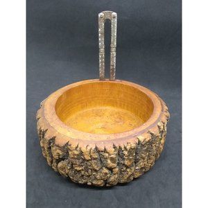 Vintage MCM Round Log Wood Raw Bark Dish with Nut Cracker (HMB)